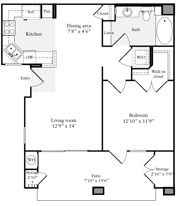 1 Bedroom 1 Bath Floorplan - 640 sqft