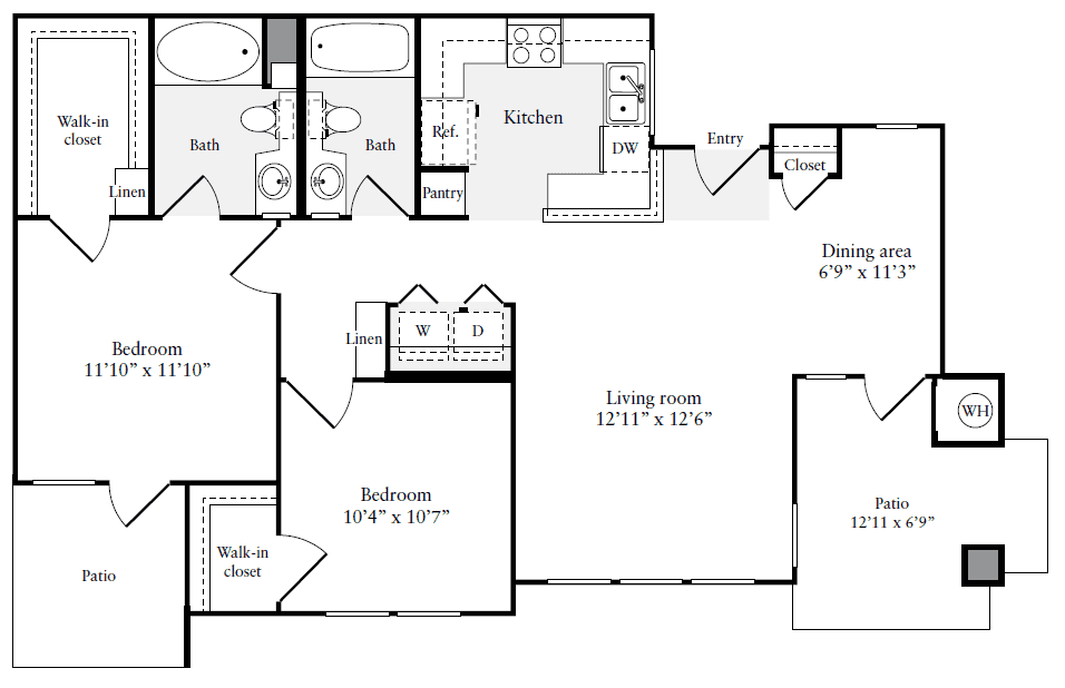 2 Bedroom 2 Bath Floorplan - 1020 sqft