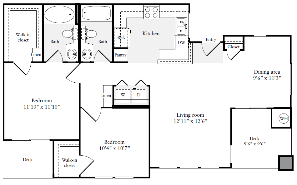 2 Bedroom 2 Bath Layout 2 Floorplan - 1042 sqft