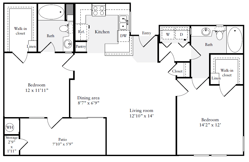 2 Bedroom 2 Bath Layout 3 Floorplan - 1090 sqft