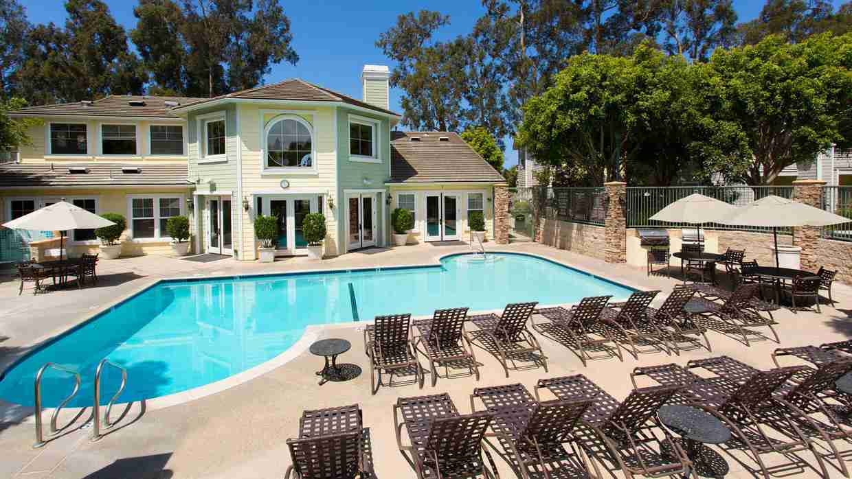 Sundeck poolside seating and clubhouse